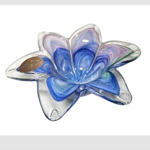 Murano Glass Glassware Crystal Clear Blue Flower Dish Made in Italy w Label EUC